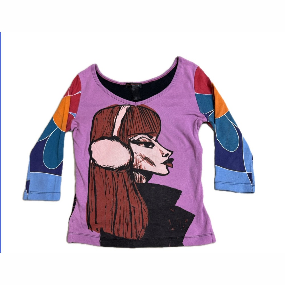 Custo Barcelona girl w/ ear muffs Purple and Blue Long Sleeve Tee